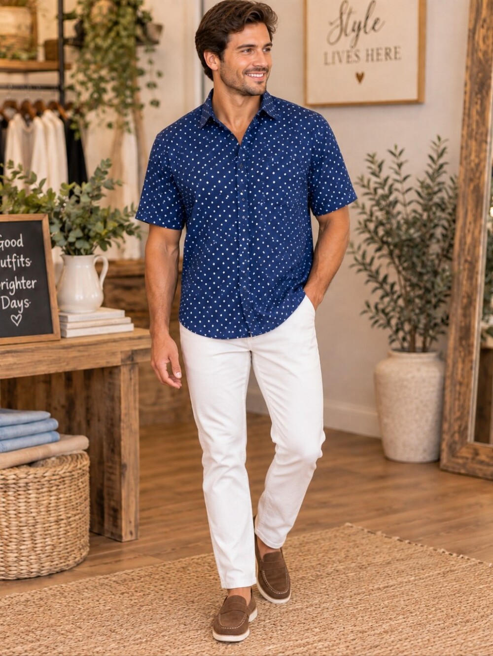 Navy Blue Short-Sleeve Button-Up with‎ White Polka Dots Size XL Preppy Casual